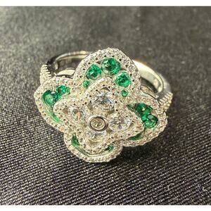 Sterling Silver 925  “Lucky Fall In Love" ring emeralds and diamonds, size 9